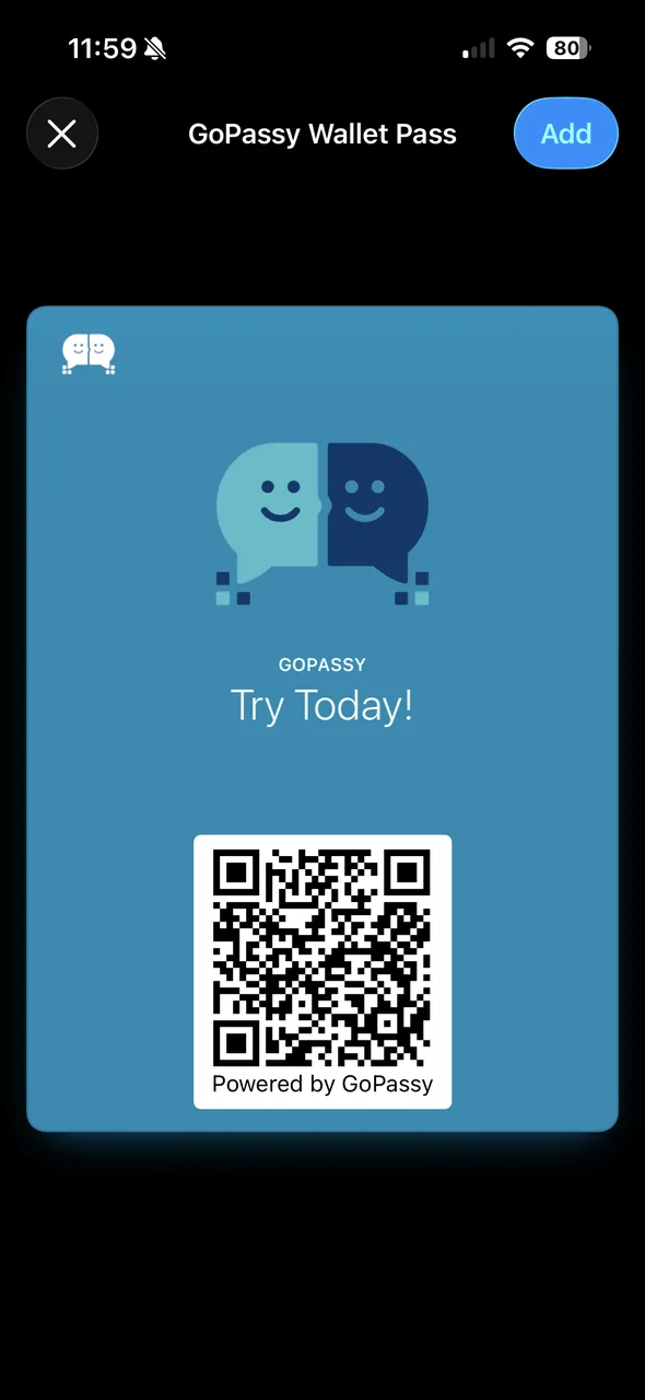 Apple Wallet&rsquo;s Add Pass screen showing a GoPassy pass with a QR code